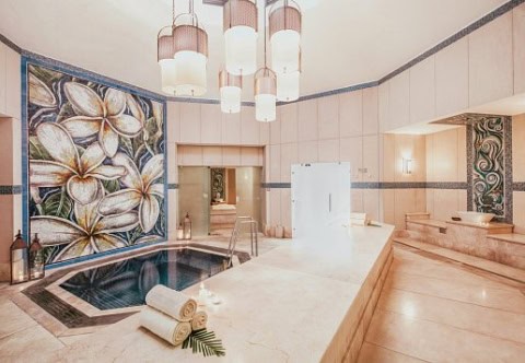 Spa-Bereich im La Pirogue Mauritius mit Whirlpool und floraler Wandgestaltung